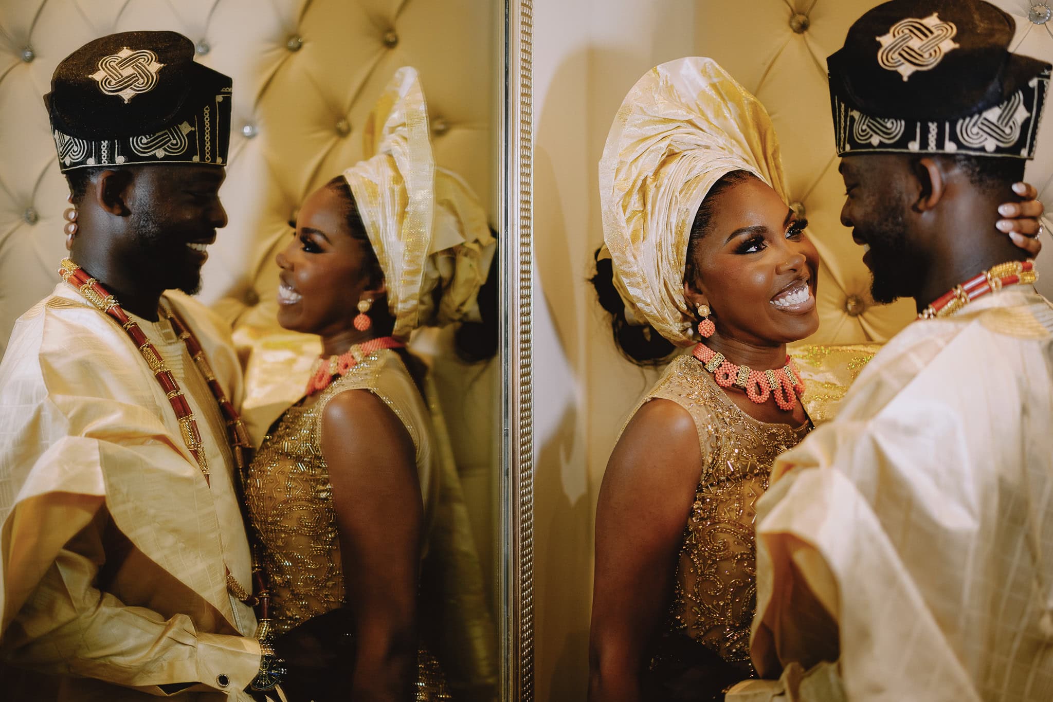 Couple in traditional Nigerian wedding attire, editorial wedding photography.