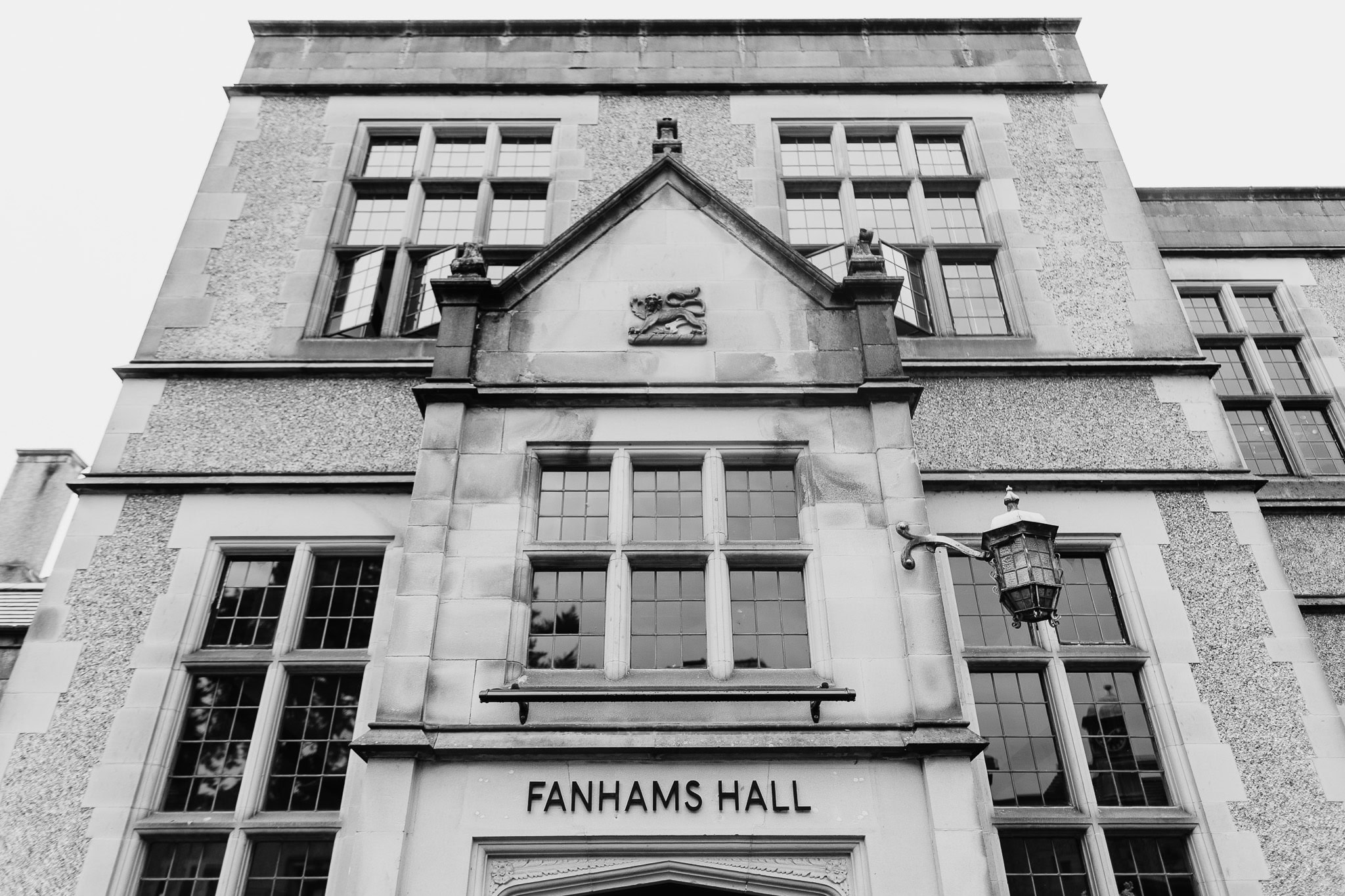 Fanhams Hall building facade with its prominent sign.